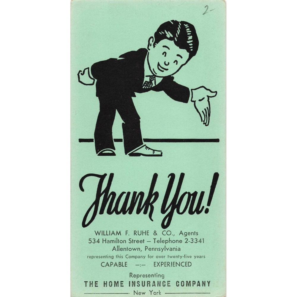 Vintage William F Ruhe Co Allentown PA Home Insurance Company Thank You Card VG - Picture 1 of 2